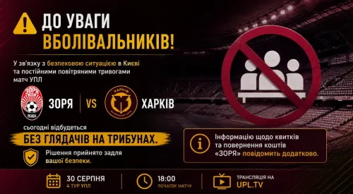 Матч «Зоря» – «Харків» пройде без глядачів